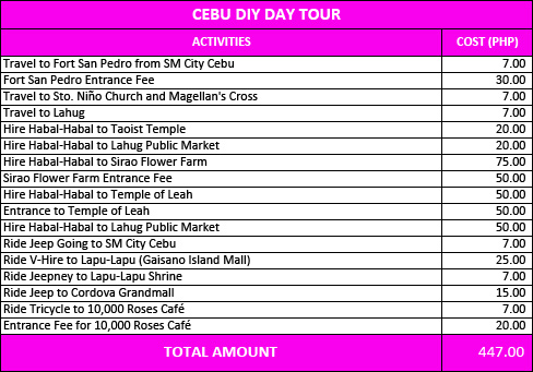 Cebu Day Tour Budget and List of Expenses